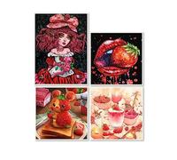 DCIDBEI 30 x 40/30 cm 5D Round Diamond Painting Girl Strawberry, 4 Pack Embroidery Diamond Fruit Puzzle Diamond Adults, Mosaic Romantic Art, Wall Decoration, Children's Bedroom, Restaurant with