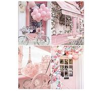 DCIDBEI 30 x 40 cm, pack of 4 diamond painting bicycle, diamond painting landscape, Eiffel Tower, diamond embroidery cars, durable colours, wall decoration for home, birthday gift, pink café