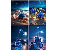 DCIDBEI 4 Pack 3D Ai Diamond Painting Valentine Flowers 30x40 cm Diamond Painting Rings Roses Diamond Picture Art Guitar Painting by Numbers Beach and Sea Landscape Diamond Painting Rose