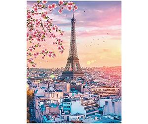 DCIDBEI 40 x 50 cm Paintures de Diamants Carr茅 Paysage Ville Paris Tour Eiffel Broderie Diamond Kit Complete Fleurs de P锚che Adult Enfant, Crystal Artisanat D茅cor d'Int茅rieur Maison Bureau