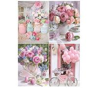 DCIDBEI Diamond Painting Flowers 4 Pack 30x40 cm Painting by Numbers Flowers Pink Flower Diamond Painting A4 Size Rose Cross Stitch Diamond Art Rose Bike Diamond Art Balloon Pink Bottles
