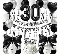 DCJHFJ 30th Birthday Decorations for Her Black Bow Birthday Decorations | Birthday decorations for women Happy birthday banner Back and silver birthday decorations Black bows for cake