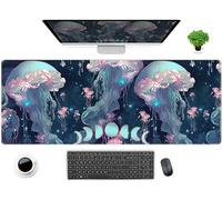 Anime Jellyfish Desk Mat Neon Blue XL Large Extended Gaming Mouse Pad Cute Ocean Moon Mats Computer Laptop Keyboard Mouse Mat Desk Pad 31.5x11.8 in, Desktop Protector for Women with Stitched Edges