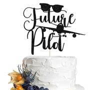 Dcokska Future Pilot Cake Topper - Black Glitter Pilot Theme Cake Decorations, Premium Cake Topper for Aviation Birthday Party Supplies