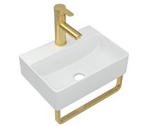 Dcolora 14 In. Wall Mounted Bathroom Sink, Small Rectangular Ceramic Porcelain Wall Hung Sink with Gold Faucet & Towel Rack, 10"D x 14"W x 4"H