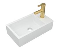 Dcolora 18 In. Wall Mounted Bathroom Sink, Rectangular Ceramic Porcelain Wall Hung Sink with Gold Faucet for Small Bathrooms, 10"D x 18"W x 5"H