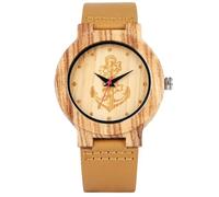 DCRYRPQES Men's Handmade Wood Quartz Watch Brown Leather Strap Delicate Anchor Pattern Dial Wristwatch
