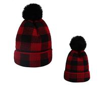 DCUTERQ 2PCS Parent-Child Hat Winter Warm Crochet Knit Family Mother & Baby Beanie Ski Cap with Pom Pom 05-Plaid