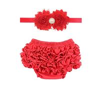 DCUTERQ Baby Girls Solid Color Cotton Shorts Ruffles Bloomers Briefs Diaper Cover and Headband Set Red 6-12 Months