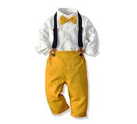 DCUTERQ Boys Clothes Dress Shirt with Bowtie + Suspender Pants Toddler Baby Little Boys Gentleman Outfits Suits Set White Yellow 1T