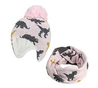 DCUTERQ Knitted Baby Hat Scarf Set Winter Dinosaur Warm Boys Girls Beanie Fleece Lining Toddler Kids Hat with Pompom Pink 3-8 Years