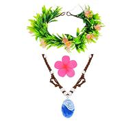 DDazzling Hawaii Flowers Garland Headdress Flower Clip with Necklace Party Theam Dress Up Accessory Set, Green Pink Blue, S
