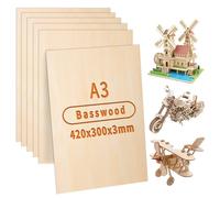 ddckj 420x300mm Basswood Sheets 3mm Plywood Sheets 6Pcs A3 Thin Wood Sheets for Crafts DIY Model Making Engraving Painting Laser Projects Wood Burning