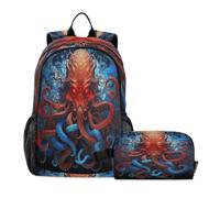 DDDIYEU Blue Red Octopus Abstract Ocean Bookbag School Student Backpack with Lunch Bag for Travel Kids Boys