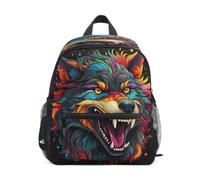 DDDIYEU Colorful Angry Wolf Toddler Backpack Bookbag Mini Shoulder Bag for 1-6 Years Travel Boys Girls Kids with Chest Strap Clip Whistle