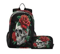 DDDIYEU Gray Skull Dark Dramatic Floral Bookbag School Student Backpack with Lunch Bag for Travel Kids Boys