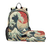 DDDIYEU Red Ocean Powerful Traditional Art Bookbag School Student Backpack with Lunch Bag for Travel Kids Boys