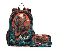DDDIYEU Red Octopus Fiery Ocean Artistic Bookbag School Student Backpack with Lunch Bag for Travel Kids Boys