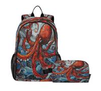 DDDIYEU Red Octopus Ocean Art Bookbag School Student Backpack with Lunch Bag for Travel Kids Boys