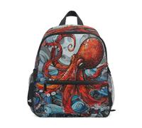 DDDIYEU Red Octopus Ocean Art Toddler Backpack Bookbag Mini Shoulder Bag for 1-6 Years Travel Boys Girls Kids with Chest Strap Clip Whistle