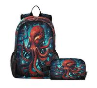 DDDIYEU Red Octopus Ocean Bookbag School Student Backpack with Lunch Bag for Travel Kids Boys