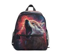 DDDIYEU Red Wolf Howling Space Toddler Backpack Bookbag Mini Shoulder Bag for 1-6 Years Travel Boys Girls Kids with Chest Strap Clip Whistle