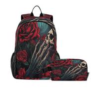 DDDIYEU Skull Red Rose Dark Dramatic Bookbag School Student Backpack with Lunch Bag for Travel Kids Boys