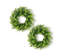 DDHS 11 Inch Artificial Boxwood Small Wreath for Front Doors, 2 Packs Green Leaves Wreath, Spring Summer Mini Wreaths for Indoor Outdoor Hanging Wall Window Wedding Home Decor Party Farmhouse