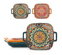 DDIKTH Ceramic Serving Platter with Handles,Bohemian Ceramic Plate,Square Dinner Plate,Colorful Salad Dish,Retro Fruit Plate (Green + Orange)