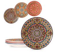 DDIKTH Dinner Plates, 10.5 Inch Ceramic Plates Set of 3 for Steak, Snacks, Pizza, Cake, Colorful Bohemian Serving Dishes for Kitchen, Housewarming Gift, Microwave, Oven & Dishwasher Safe