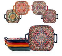 DDIKTH Four-Piece Set Ceramic Serving Platter with Handles,Bohemian Ceramic Plate,Square Dinner Plate,Colorful Salad Dish,Retro Fruit Plate