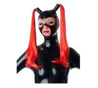 DDINGHOONQPODFR Latex Hood Red Double Wigs Ponytail Rubber Mask Open Big Eyes Mouth Back Zipper Club Wear Cosplay,black,XS