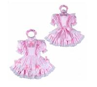 DDINGHOONQPODFR WOMEN,Sissy Pink Satin Lotus Leaf Skirt With Lockable Hem, Maid Cosplay Costume, Halloween Party,pink,L