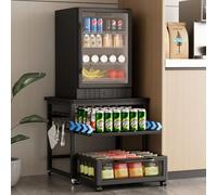 DDJ Mini Fridge Stand with Storage, 21 x 21 in Heavy Duty Mini Fridge Table with Pull-out Shelf and Lockable Wheels, Compact Refrigerator Stand with Drawer Basket for Home Office, Black