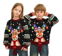 DDKJ Christmas Jumper Kids Girls Boys UK,Light Up Christmas Jumper Kids,Unisex Funny Novelty Reindeer LED Lights Flashing Ugly Christmas Sweater,Best Holiday Tacky Matching Xmas Jumpers Teens Child