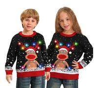 DDKJ Christmas Jumper Kids with Lights,Light Up Christmas Jumpers for Girls Boys,Unisex Funny Cute Red Reindeer LED Flashing Ugly Christmas Sweater,Rude Novelty Xmas Jumper Children Age 4-13 Years