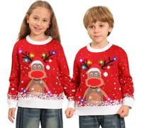 DDKJ Christmas Jumper Kids with Lights,Light Up Christmas Jumpers for Girls Boys,Unisex Funny Cute Red Reindeer LED Flashing Ugly Christmas Sweater,Rude Novelty Xmas Jumper Children Age 4-13 Years