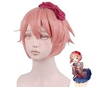 DDLC Doki Doki Literature Club Sayori Women Pink Short Wig Cosplay Costume Heat Resistant Synthetic Hair Wigs (No Headwear) MZ-401