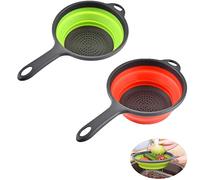ddLUCK 2 Pack Kitchen Collapsible Colander Strainer with Handle,Multi-Functional Foldable Silicone Food Drain Basket for Draining Pasta, Fruit, Vegetable, Noodle (Green and Red)