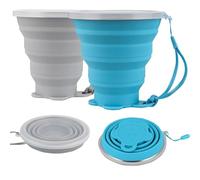 ddLUCK Silicone Collapsible Camping Cup, 2 Pack 320ml Foldable Travel Mug, Folding Portable Cups with Plastic Sealing Lid, Reusable Mugs Set for Picnic, Camping, Office, Outdoor Hiking(Blue and Grey)