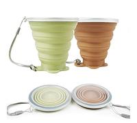 ddLUCK Silicone Foldable Cup, 2 Pack BPA Free Collapsible Travel Mugs, Folding Reusable Portable Silicone Cups Set with Plastic Sealing Lid for Picnic, Camping, Outdoor Hiking Travel (Brown & Yellow)