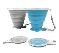 ddLUCK Silicone Foldable Cup, Travel Camping Mug with Plastic Sealing Lid | 2 Pack, 260ml Capacity, Blue & Grey, BPA Free, Collapsible, Reusable, Portable Folding Cups Set for Picnic, Outdoor Hiking
