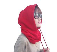 DDMINE Women Winter Beanie Hat Cashmere Female Knitted Hooded Scarf Balaclava For Women Windproof Warm Wool Cap (Color : Red, Size : One size)