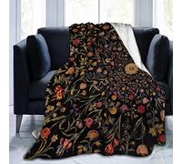 DDMX Flannel Plush Travel Throw Blanket, Medieval Flowers On Black Vintage Florals Garden Pattern Throw for Better Relaxing Picnic, Easy Care 60''x50'', Full