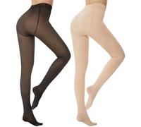 DDOBB 2 Pack Fleece Lined Tights Women Thick Thermal Leggings Winter Pantyhose Footless Fake Translucent Stretch Warm for Ladies 2 pcs-#A Black+Nude
