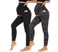 DDOBB 2 Pack Maternity Leggings Over Bump with Pockets High Waist Black Soft Belly Support Stretchy Pregnancy Pants Yoga Workout Pajama Trousers
