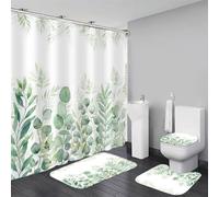 DDQQ Green Leaves Shower Curtain Sets with Non-Slip Rug, Toilet Lid Cover and Bath Mat, Plant Leaves Shower Curtain Sets with 12 Hooks, Durable Shower Curtain for Bathroom Set Decor