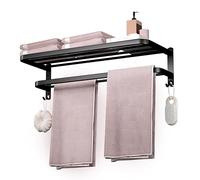 DDS-DUDES Bathroom Towel Rack Towel Shelf with Double Towel Bars Lavatory Wall Mount Holder with Hooks Stainless Steel Hotel Bath Rack (Matte Black 24 inches)