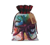 DDTKLSNV Abstract Colorful Octopus Christmas Burlap Gift Bags With Drawstring, Christmas Linen Treat Bags W/Tags Goody Gift Bag Xmas Candy Reusable Gifts Wrapping Bag Xmas Holiday Party Favors
