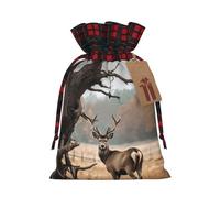 DDTKLSNV Brown Deer Near Withered Tree Christmas Burlap Gift Bags With Drawstring, Christmas Linen Treat Bags W/Tags Goody Gift Bag Xmas Candy Reusable Gifts Wrapping Bag Xmas Holiday Party Favors